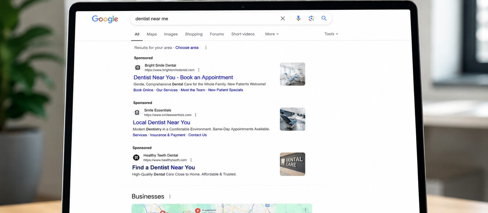 Google search results for “dentist near me” showing paid ads above organic listings