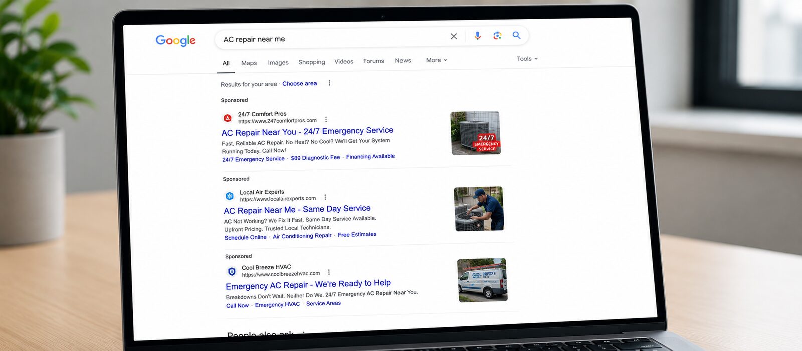 Google search results for “AC repair near me” showing emergency HVAC ads above organic listings